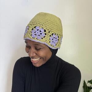 Vintage green and purple crochet flower beanie